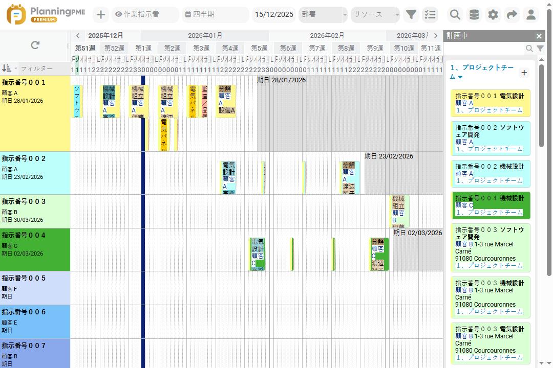 PlanningPMEでの製造作業場スケジュールの例